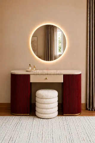 Modern Velvet Dressing Table with Round LED Mirror