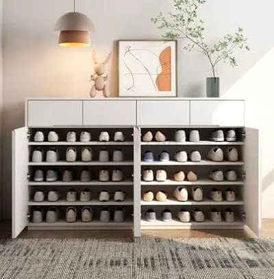 Large White Shoe Cabinet with Multiple Shelves - Modern Storage
