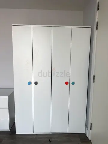 White 4-door Wardrobe with Colorful Knobs - Good Condition