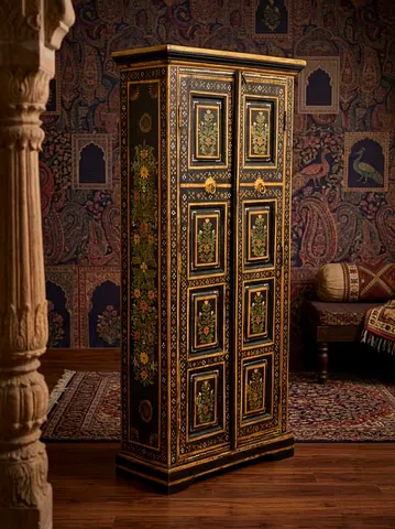 Hand-painted Wooden Armoire / Wardrobe - Ornate Floral Inlay