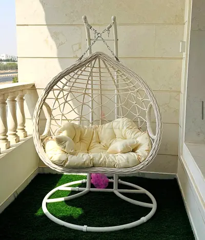 White Rattan Hanging Egg Chair with Stand and Cushion