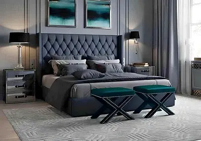 King size upholstered bed with tufted headboard in grey