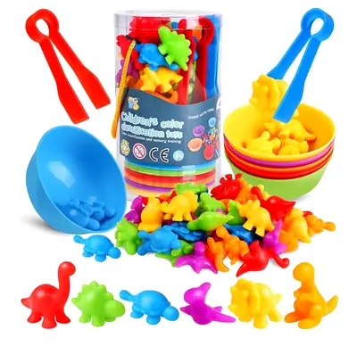 Colorful Dinosaur Counting & Sorting Toys with Cups and Tweezers - Educational Set