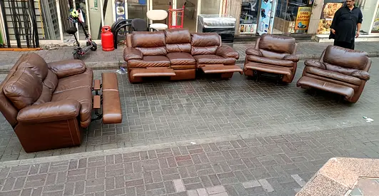 Brown Leather 7-Seater Recliner Sofa Set with Armchairs - Good Condition