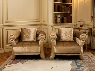Original Cavalli Pair of Classic Beige Velvet Armchairs — Comfortable Two Club Chairs