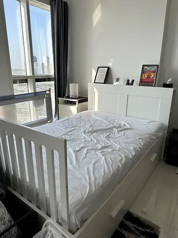 IKEA BRIMNES Queen Bed Set with Mattress, Storage & Side Table