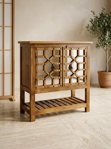 Solid Wood Entry Cabinet with Decorative Lattice Doors