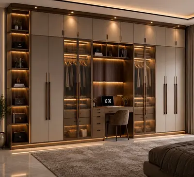 Large Built-in Wardrobe with Integrated Desk and LED Lighting