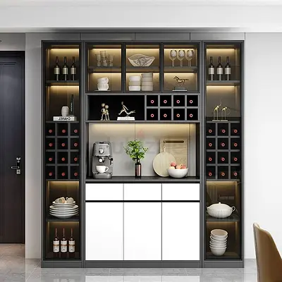 Modern Built-in Kitchen Cabinet with Wine Storage and Display Shelves