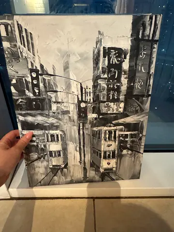 Black and white cityscape painting on canvas - signed