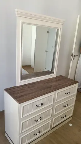 White Wooden Dresser with Mirror - 6 Drawers, Good Condition