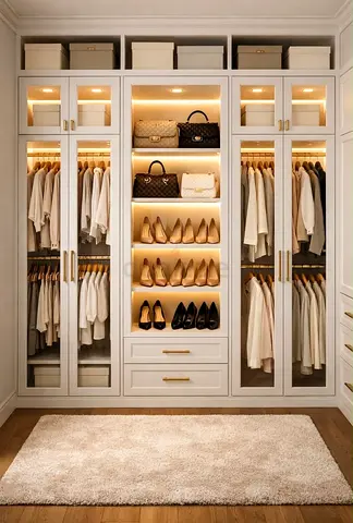 Built-in Walk-In Style Wardrobe with Glass Doors and LED Lighting