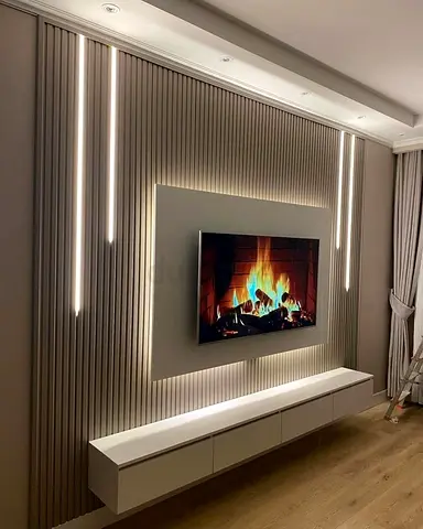 Wall mounted modern media wall with ambient lighting for 55-inch LED Smart TV