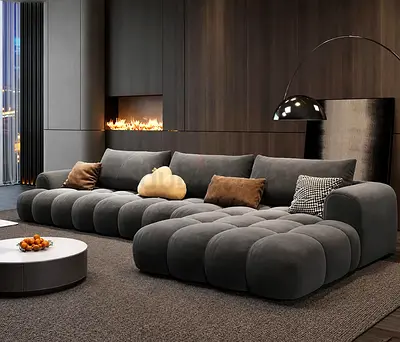 Free Delivery- Modern Modular Tufted Grey Sofa — Deep Seating, Like New