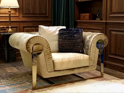 Original Cavalli Wide Plush Velvet Armchair with Chrome Legs - Comfortable Accent Chair