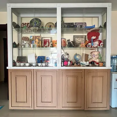 Large Wooden Display Cabinet with Glass Shelves and Storage Base