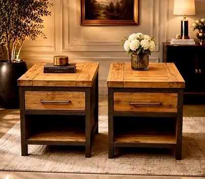 Pottery barn Pair of Rustic Wooden Bedside Tables with Drawer and Shelf