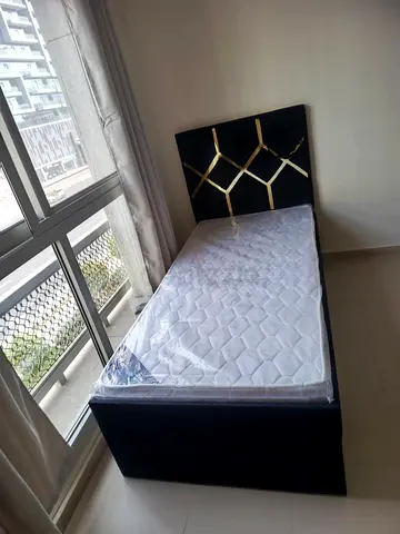 New Single Bed Frame with New Mattress - Black Velvet Headboard