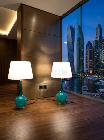 Pair of Teal Ceramic Table Lamps with White Shades - Modern Accent Lighting