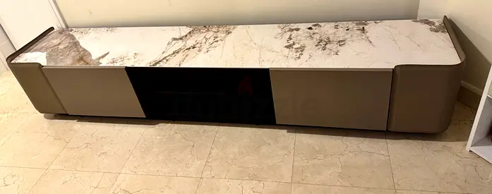 Pan Home TV Unit 221cm – Marble-Effect Top, Leather-Wrapped Ends, Fits up to 80" TV