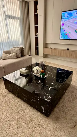 Floating large Black Marble Square Table with hidden wheels and ppf protection layer