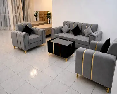 Brand new Modern Grey Velvet 3-Seater Sofa with Armchairs and Coffee Table