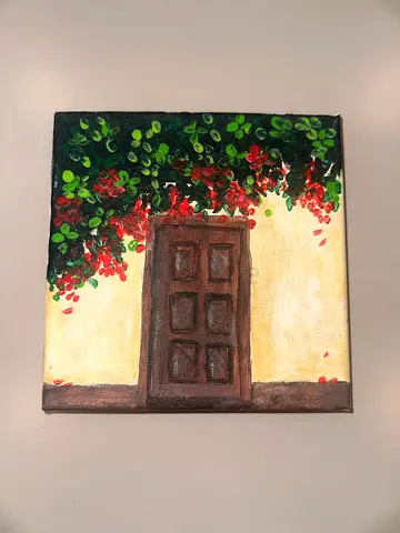 Small Original Acrylic hand made Painting of a Wooden Door with Flowering Bush