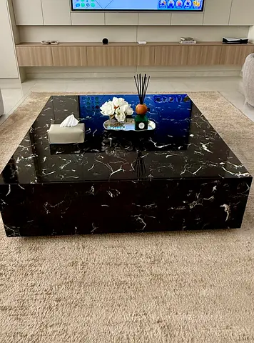 Floating large Black Marble Square Table with hidden wheels and ppf protection layer