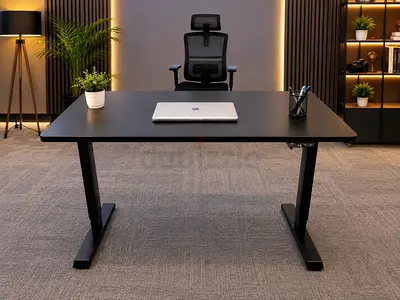 Electric Adjustable Standing Desk with Black Top and Metal Legs