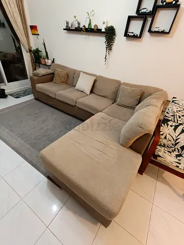Beige L-Shaped Fabric Sofa with Chaise - Good Condition
