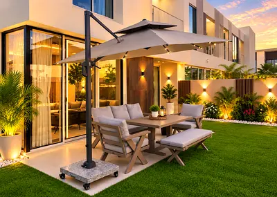 Outdoor sofa set with cantilever parasol - modern garden furniture