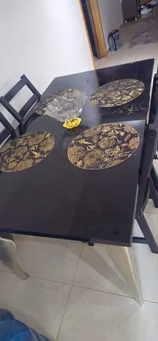 Black Glass Dining Table with 4 Chairs — Modern Set, Good Condition