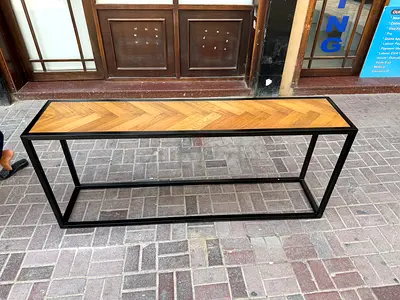 Marina home Slim Console Table with Herringbone Wood Top and Black Metal Frame