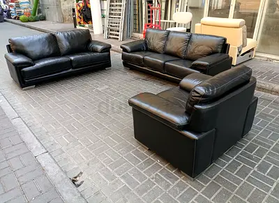 Black Leather 3-Piece Sofa Set — Good Condition