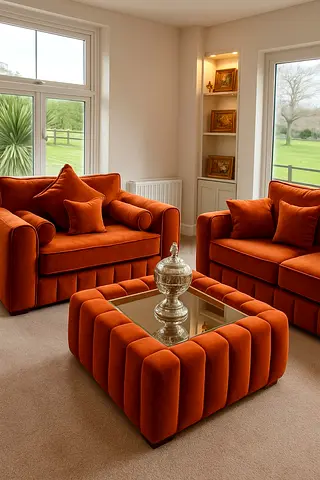Pair of Rust Orange Plush Armchairs with Matching Ottoman
