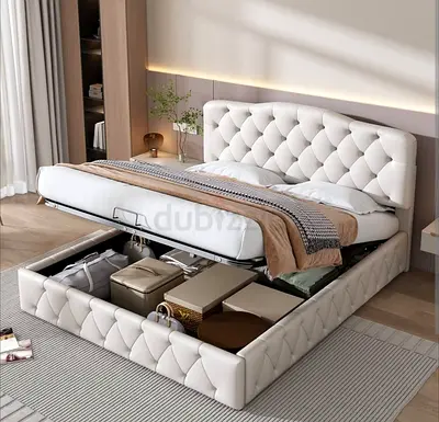 Queen storage bed with upholstered tufted headboard - white
