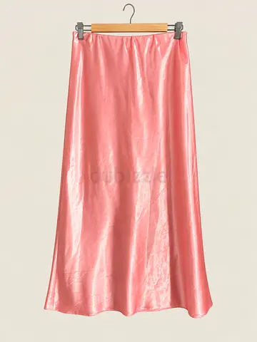Pink Satin Midi Slip Skirt - Size S