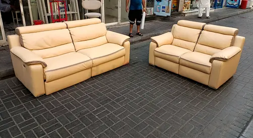 Beige Leather 3-seater Sofa + 2-seater Loveseat Set - Good Condition
