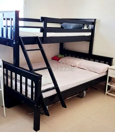 Solid Wood Triple Bunk Bed with Ladder (Including Mattress) - Black, Good Condition  AED 500