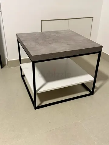 Modern industrial side table with storage shelf - black frame, concrete top