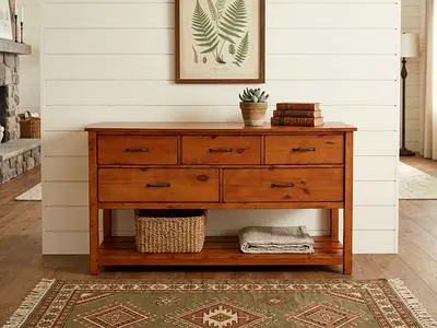 Pottery Barn Wooden Console Table with Shelves and Drawers - Rustic Finish