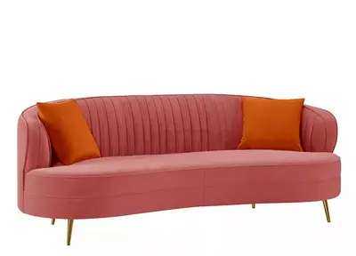 Curved Pink Velvet 3-Seater Sofa with Gold Legs