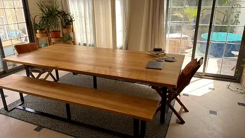 Solid Wood Dining Table with Bench and Metal Frame - Excellent Condition Homemade