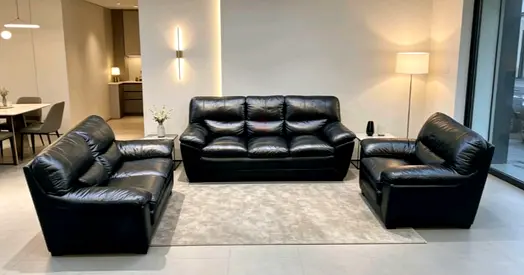 Black Leather 3-Piece Sofa Set — 3-seater + 2-seater + Armchair, Good Condition