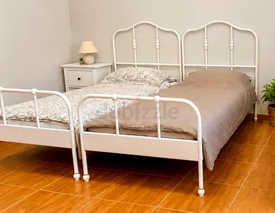 Two White Metal Single Beds with Headboards and Footboards - Pair