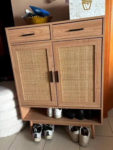 Wooden Shoe Cabinet with Wicker Panels — Compact Entryway Storage