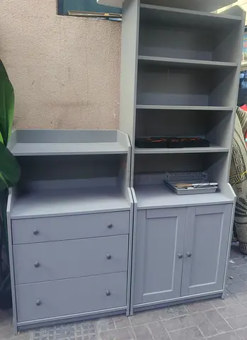 Grey Wooden Storage Unit with Shelves and Drawers - Set of 2