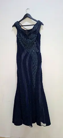 Navy Blue Beaded Formal Evening Gown, Size Approx M