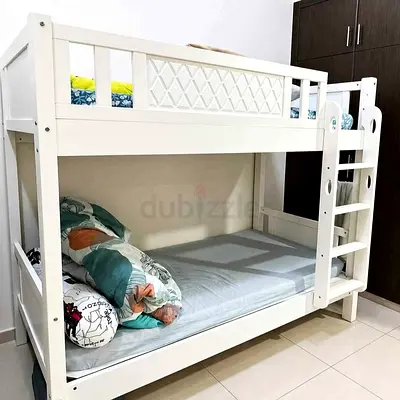 White Wooden Bunk Bed - Solid Frame with Side Ladder (Good Condition)