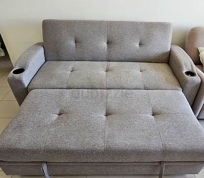 Grey Fabric Sofa Bed with Cup Holders - Convertible 2-Seater